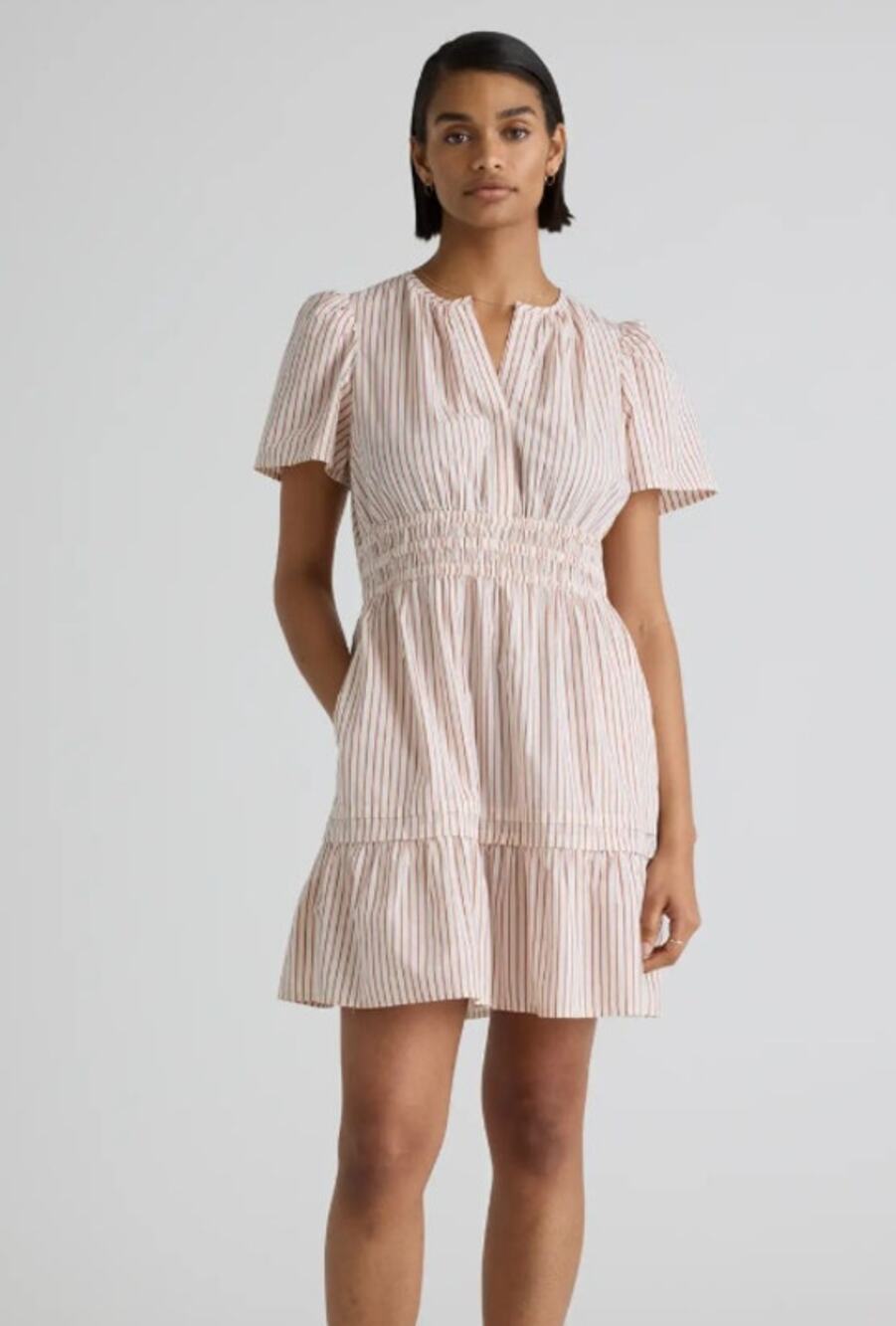 Quince Poplin Tiered Mini Dress White Brown Striped Organic Cotton Women's XS